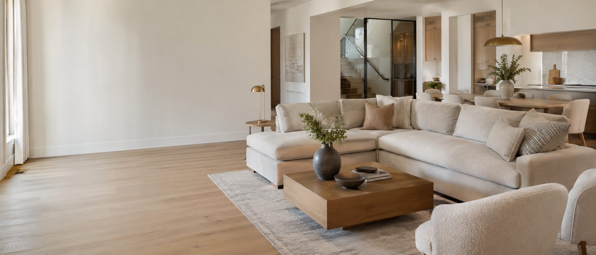 Warm neutral living room with an oversized sectional, oak coffee table, and open stair beyond.